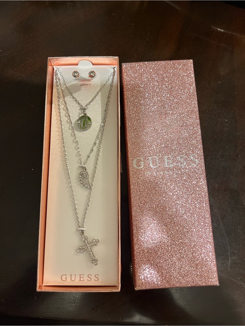 GUESS Silver-Tone Layered Cross & Charm Necklace Set with Studs - Silver